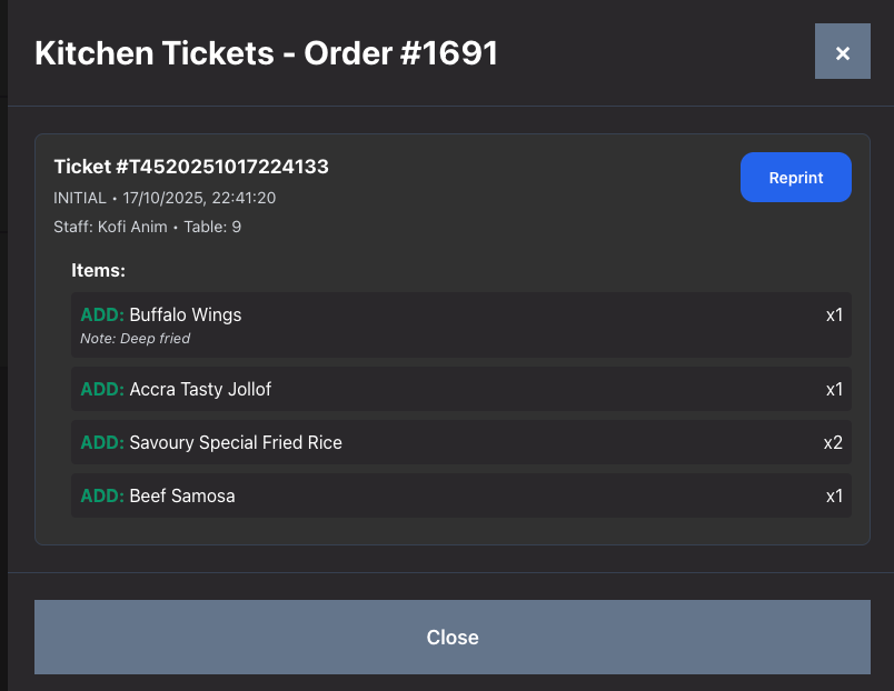 VendReady POS Kitchen Tickets